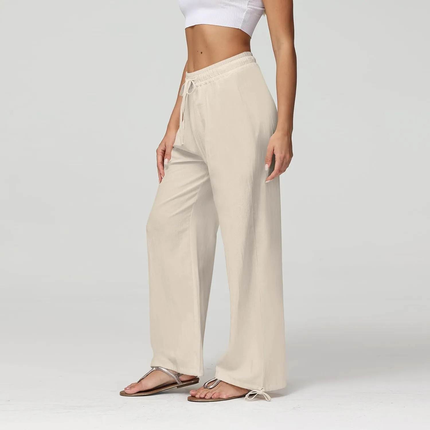 Cotton Linen Pants Women Summer Loose Drawstring Waisted Palazzo Pants Casual Wide Leg Trousers Pants with Pockets