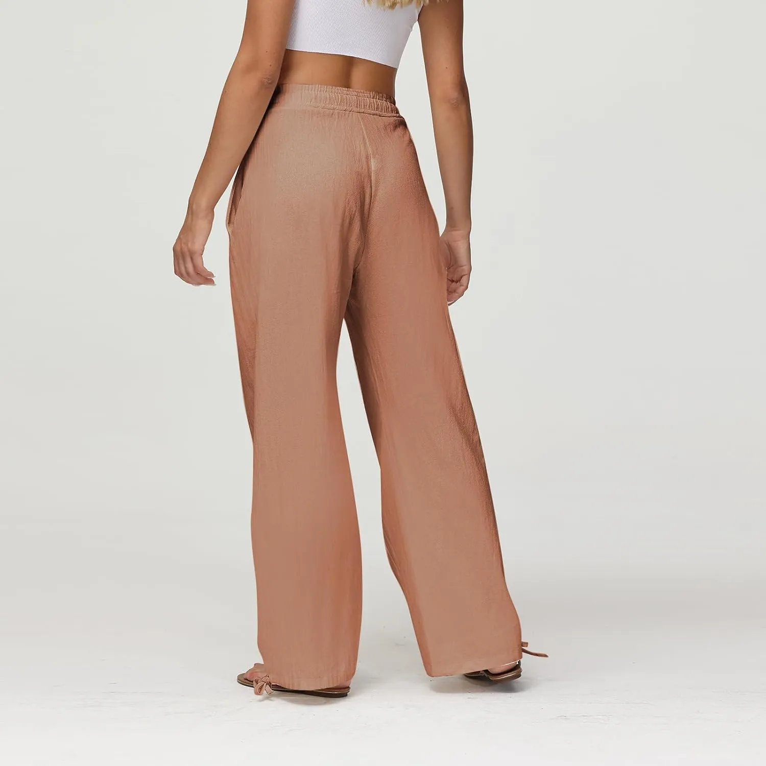 Cotton Linen Pants Women Summer Loose Drawstring Waisted Palazzo Pants Casual Wide Leg Trousers Pants with Pockets