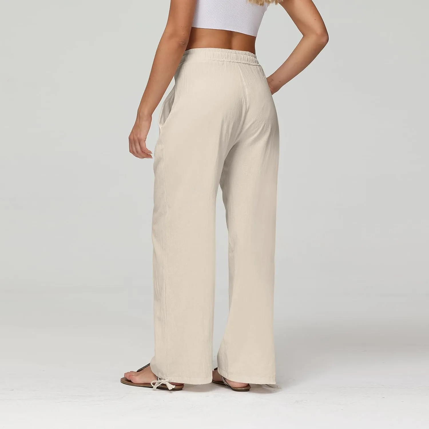 Cotton Linen Pants Women Summer Loose Drawstring Waisted Palazzo Pants Casual Wide Leg Trousers Pants with Pockets