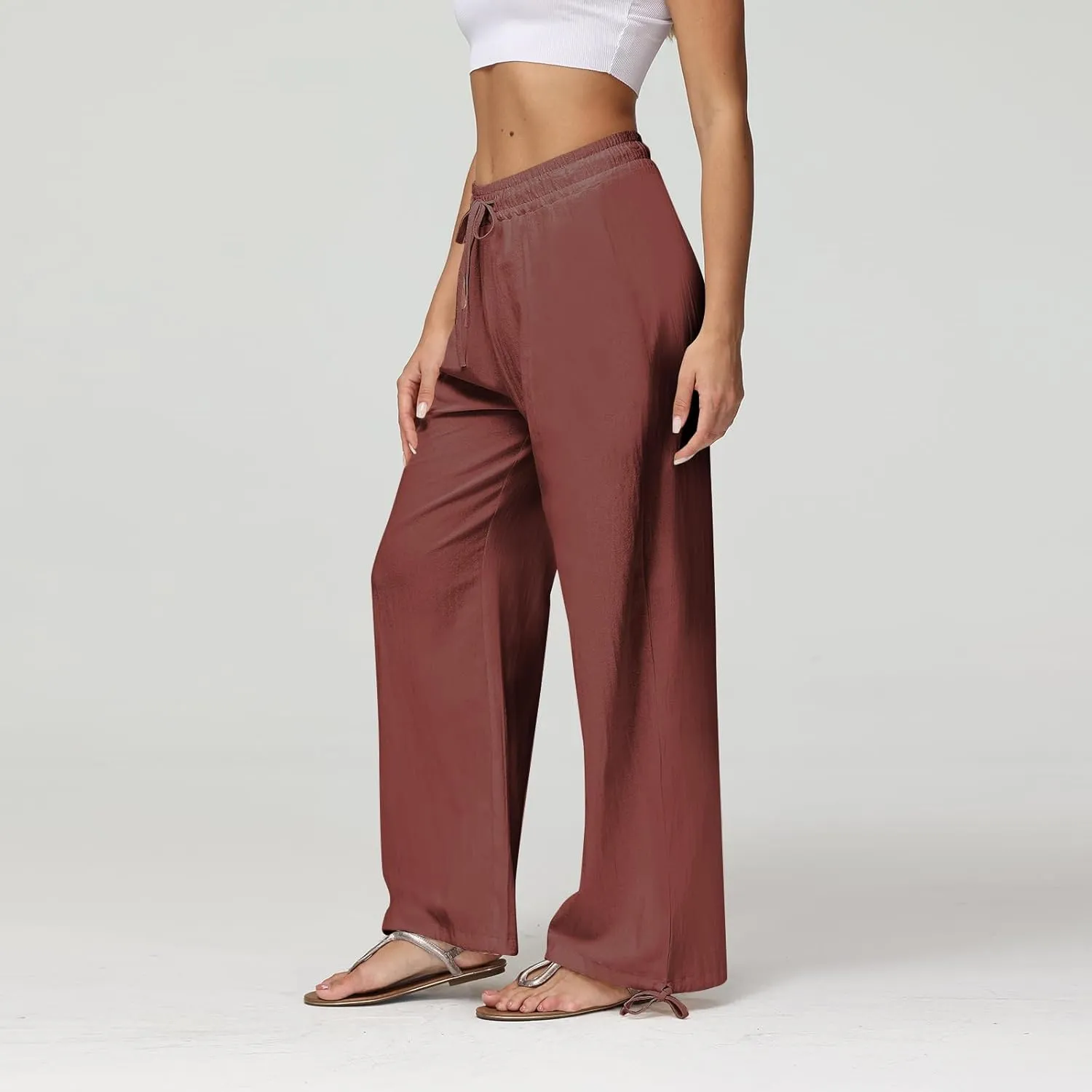 Cotton Linen Pants Women Summer Loose Drawstring Waisted Palazzo Pants Casual Wide Leg Trousers Pants with Pockets