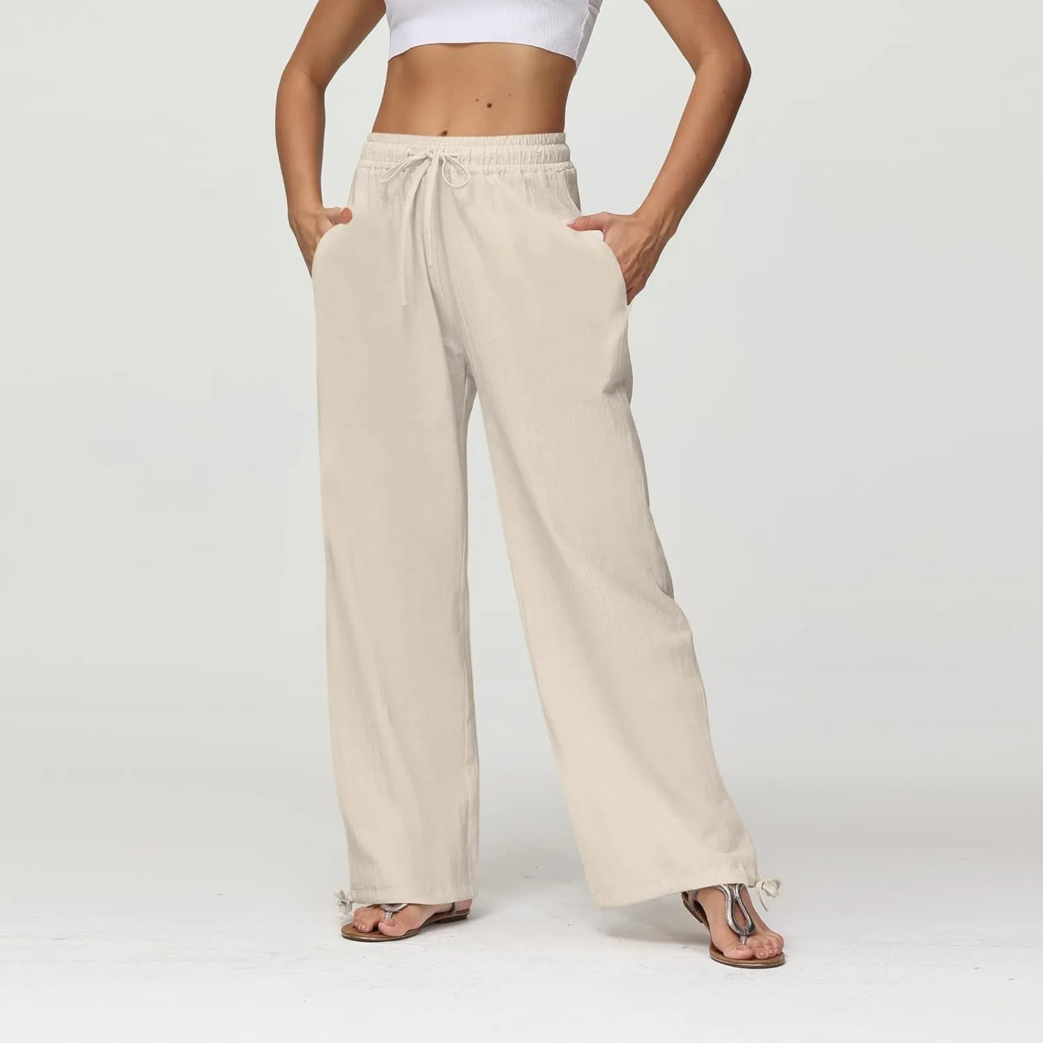 Cotton Linen Pants Women Summer Loose Drawstring Waisted Palazzo Pants Casual Wide Leg Trousers Pants with Pockets