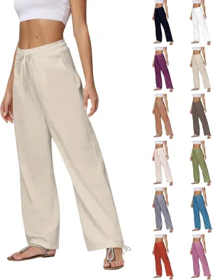 Cotton Linen Pants Women Summer Loose Drawstring Waisted Palazzo Pants Casual Wide Leg Trousers Pants with Pockets