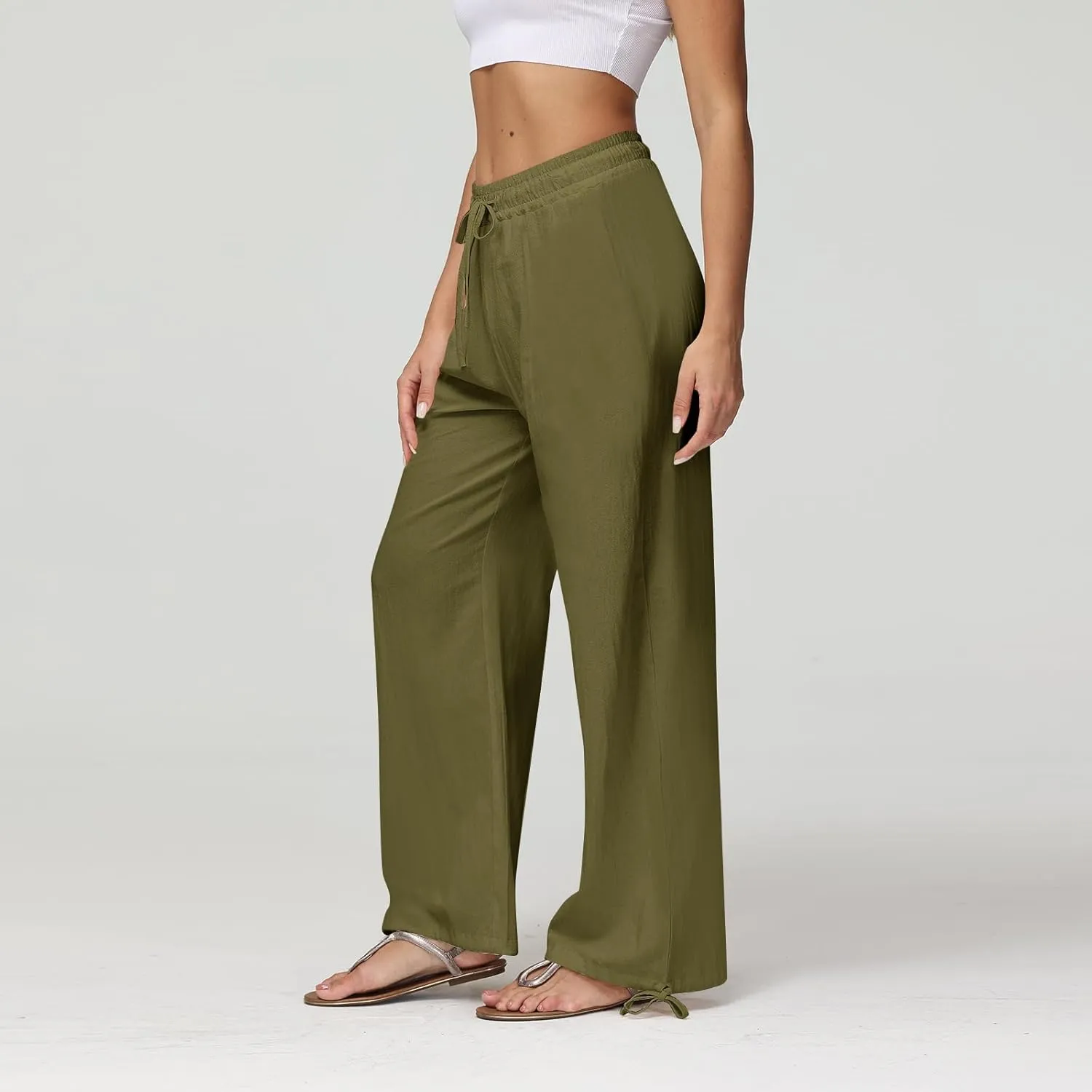 Cotton Linen Pants Women Summer Loose Drawstring Waisted Palazzo Pants Casual Wide Leg Trousers Pants with Pockets