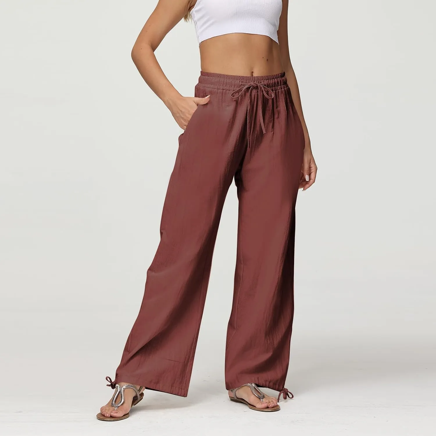 Cotton Linen Pants Women Summer Loose Drawstring Waisted Palazzo Pants Casual Wide Leg Trousers Pants with Pockets