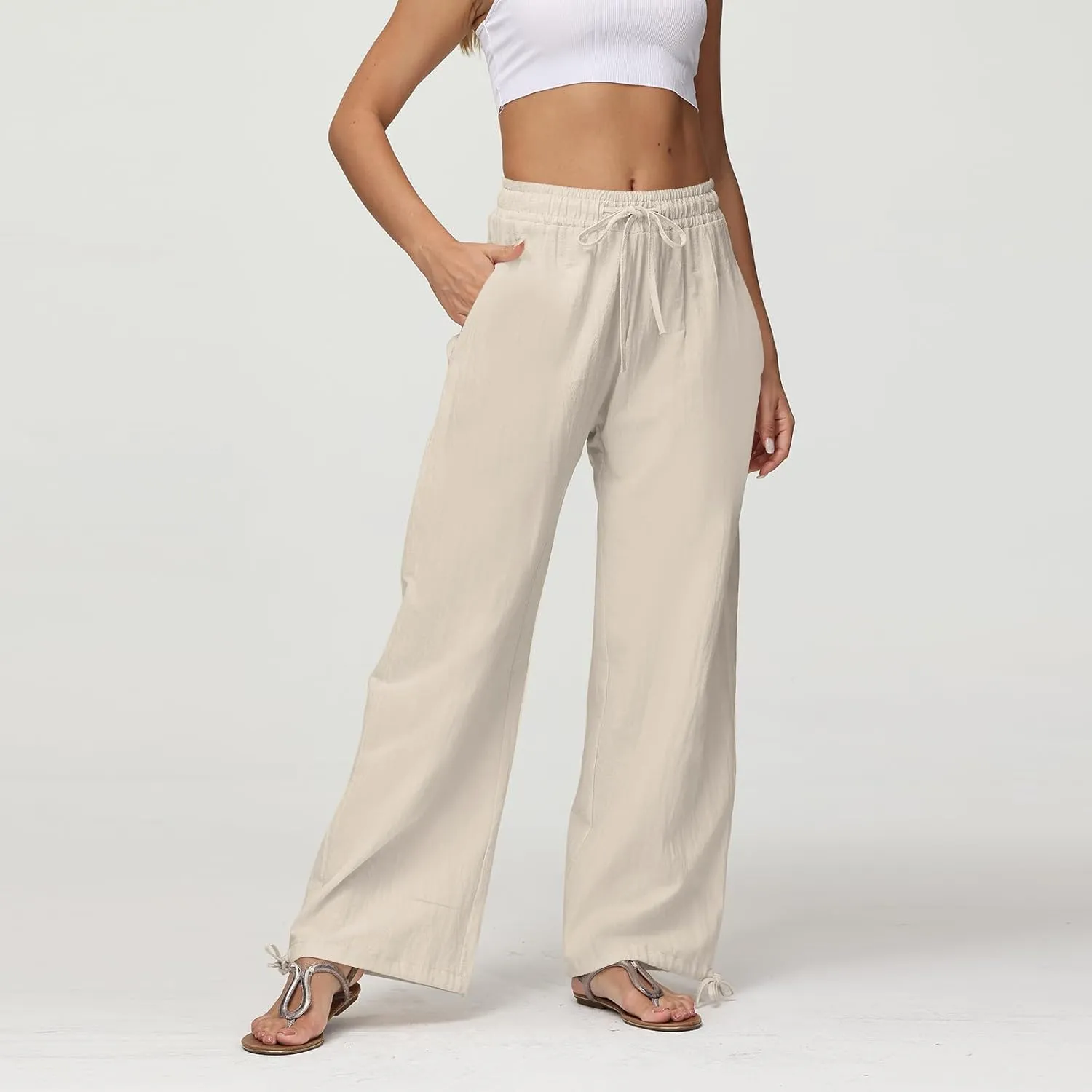 Cotton Linen Pants Women Summer Loose Drawstring Waisted Palazzo Pants Casual Wide Leg Trousers Pants with Pockets