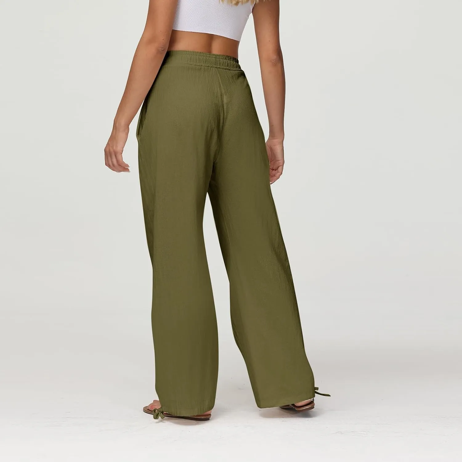 Cotton Linen Pants Women Summer Loose Drawstring Waisted Palazzo Pants Casual Wide Leg Trousers Pants with Pockets