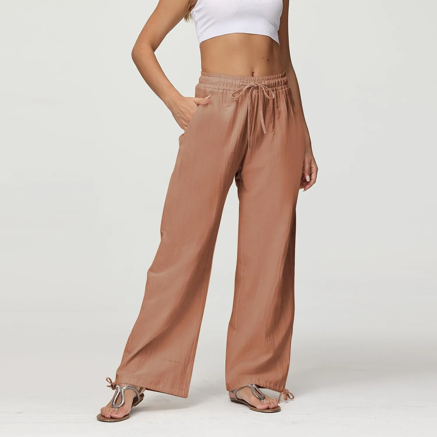 Cotton Linen Pants Women Summer Loose Drawstring Waisted Palazzo Pants Casual Wide Leg Trousers Pants with Pockets