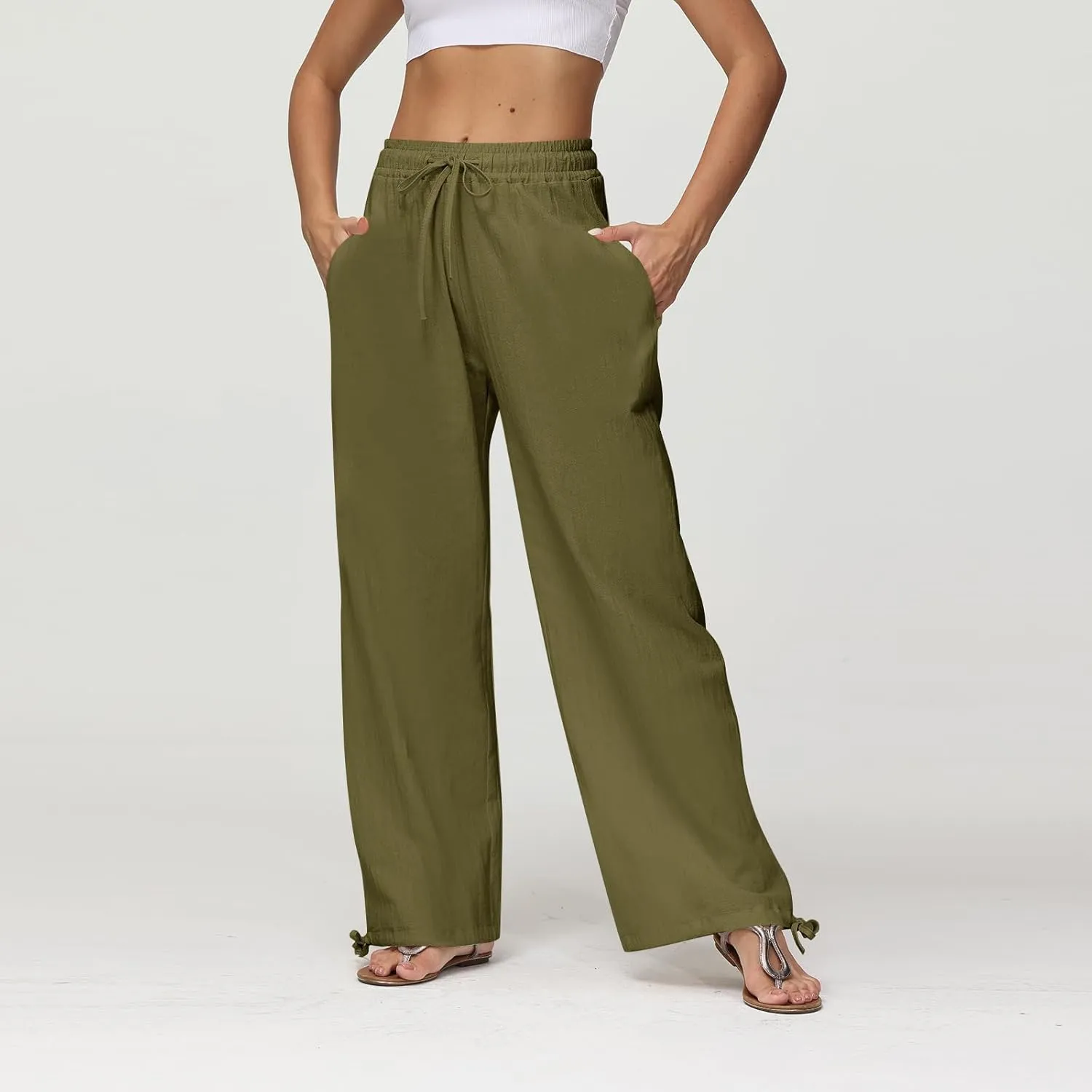 Cotton Linen Pants Women Summer Loose Drawstring Waisted Palazzo Pants Casual Wide Leg Trousers Pants with Pockets