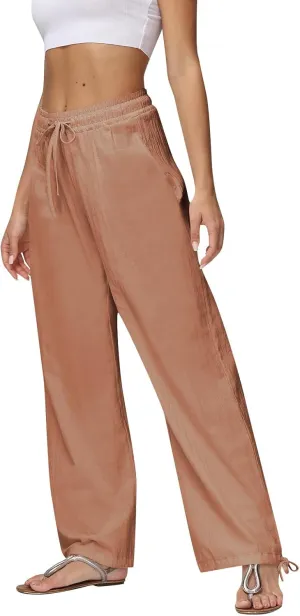 Cotton Linen Pants Women Summer Loose Drawstring Waisted Palazzo Pants Casual Wide Leg Trousers Pants with Pockets