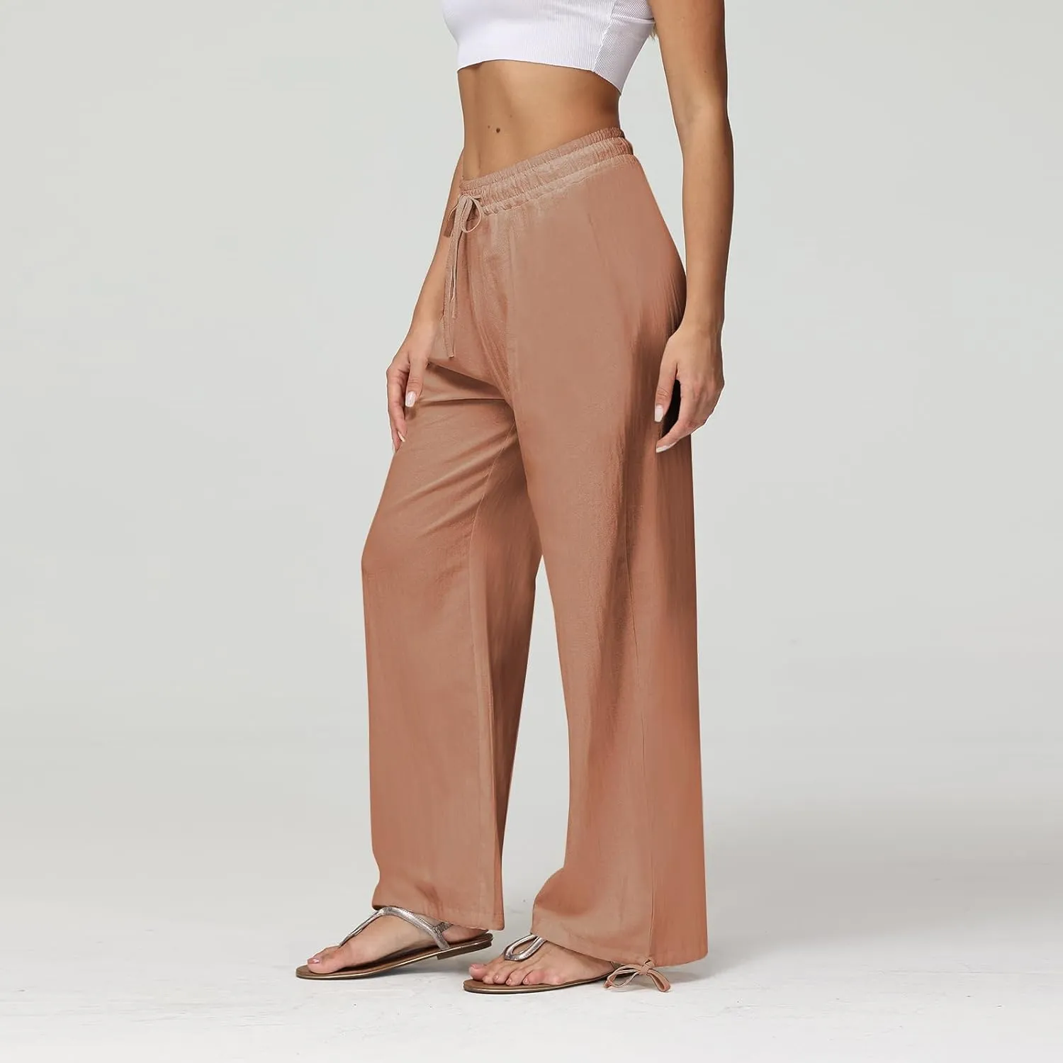 Cotton Linen Pants Women Summer Loose Drawstring Waisted Palazzo Pants Casual Wide Leg Trousers Pants with Pockets