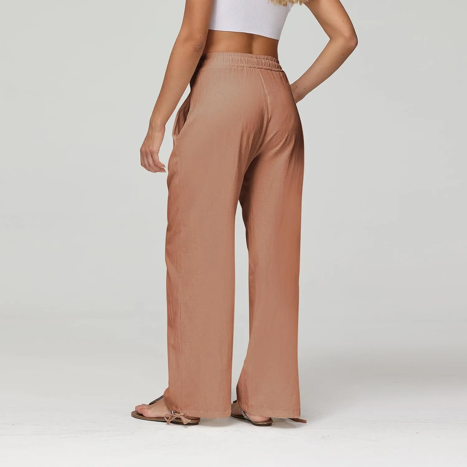 Cotton Linen Pants Women Summer Loose Drawstring Waisted Palazzo Pants Casual Wide Leg Trousers Pants with Pockets