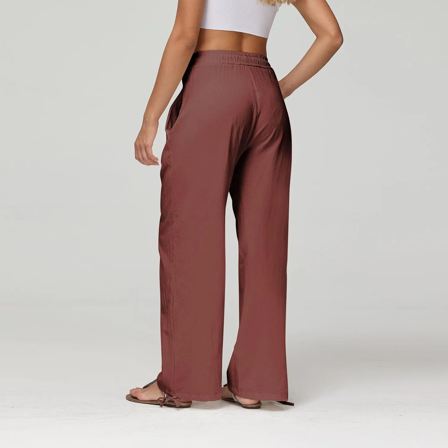 Cotton Linen Pants Women Summer Loose Drawstring Waisted Palazzo Pants Casual Wide Leg Trousers Pants with Pockets