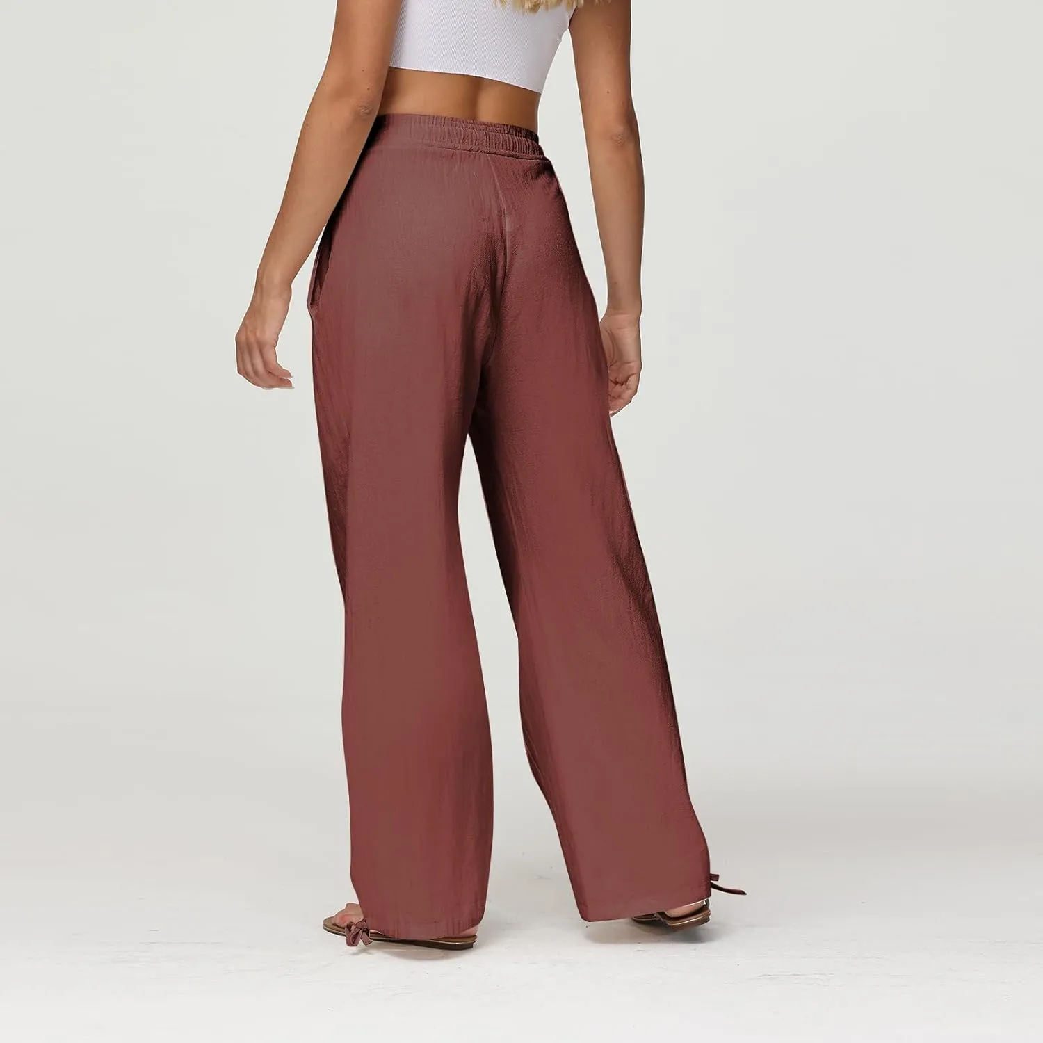 Cotton Linen Pants Women Summer Loose Drawstring Waisted Palazzo Pants Casual Wide Leg Trousers Pants with Pockets