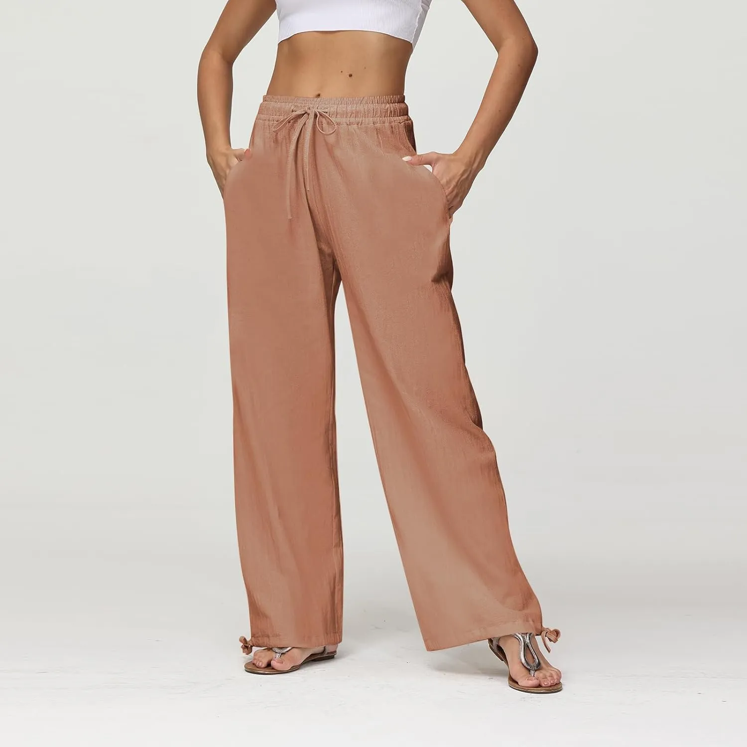 Cotton Linen Pants Women Summer Loose Drawstring Waisted Palazzo Pants Casual Wide Leg Trousers Pants with Pockets