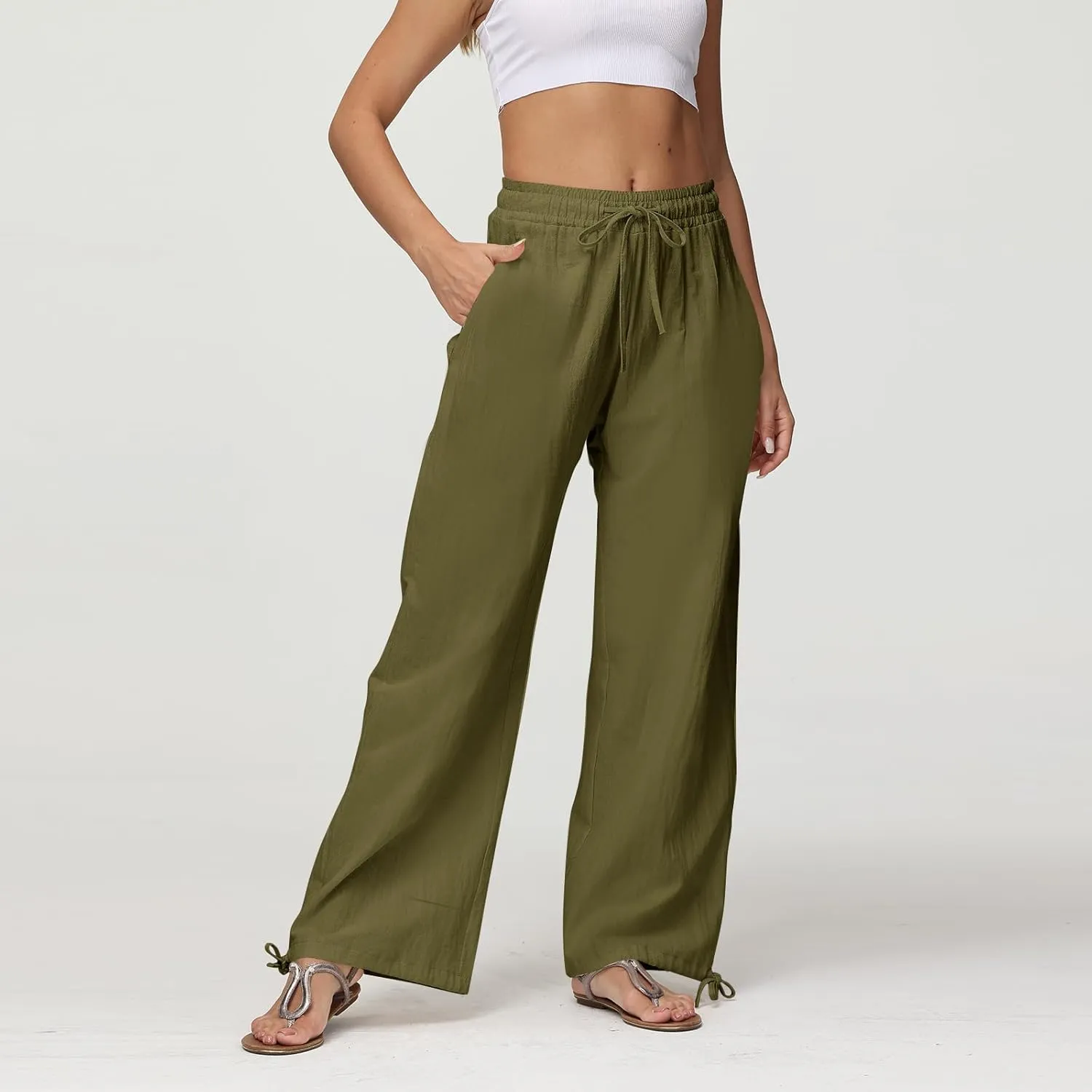 Cotton Linen Pants Women Summer Loose Drawstring Waisted Palazzo Pants Casual Wide Leg Trousers Pants with Pockets