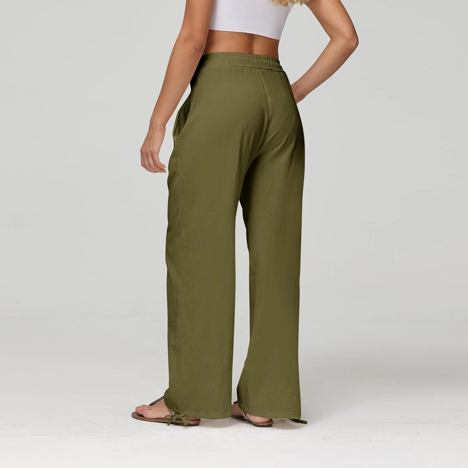 Cotton Linen Pants Women Summer Loose Drawstring Waisted Palazzo Pants Casual Wide Leg Trousers Pants with Pockets