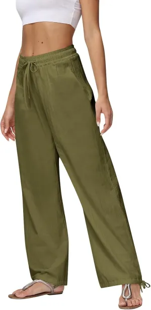 Cotton Linen Pants Women Summer Loose Drawstring Waisted Palazzo Pants Casual Wide Leg Trousers Pants with Pockets