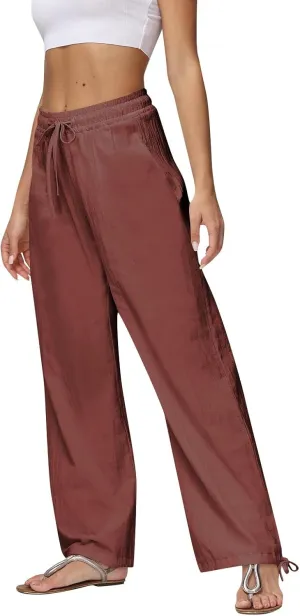 Cotton Linen Pants Women Summer Loose Drawstring Waisted Palazzo Pants Casual Wide Leg Trousers Pants with Pockets