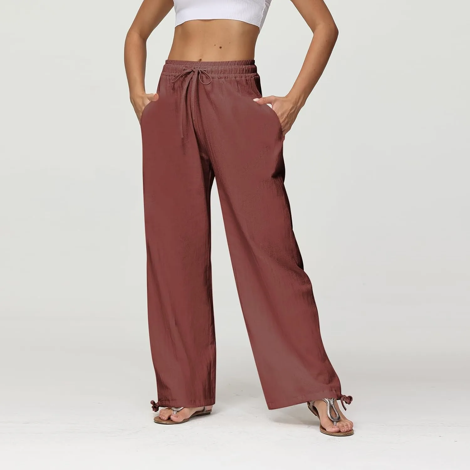 Cotton Linen Pants Women Summer Loose Drawstring Waisted Palazzo Pants Casual Wide Leg Trousers Pants with Pockets