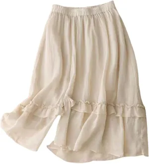 Cotton Linen Skirts for Women Elastic Waisted Vintage Ruffle Hem Midi Skirt Summer Solid Color Vacation Flowy Skirt