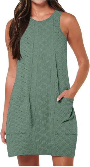 Coverup Summer Dresses for Women Fashion Mini Dress Breathable Eyelet Sleeveless Tank Dress A Line Dresses with Pockets