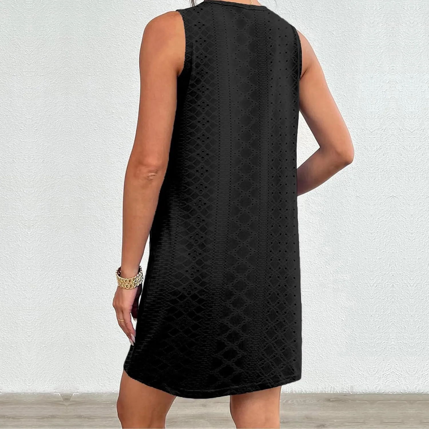 Coverup Summer Dresses for Women Fashion Mini Dress Breathable Eyelet Sleeveless Tank Dress A Line Dresses with Pockets