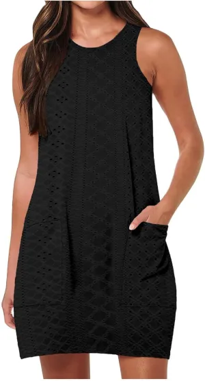 Coverup Summer Dresses for Women Fashion Mini Dress Breathable Eyelet Sleeveless Tank Dress A Line Dresses with Pockets