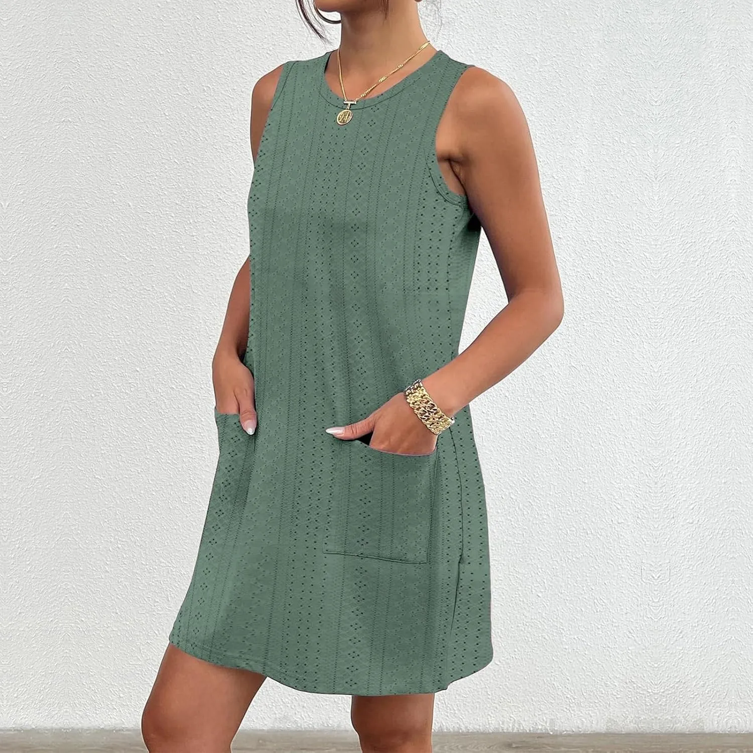 Coverup Summer Dresses for Women Fashion Mini Dress Breathable Eyelet Sleeveless Tank Dress A Line Dresses with Pockets