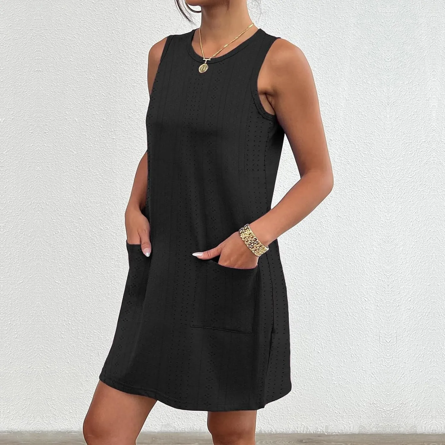 Coverup Summer Dresses for Women Fashion Mini Dress Breathable Eyelet Sleeveless Tank Dress A Line Dresses with Pockets