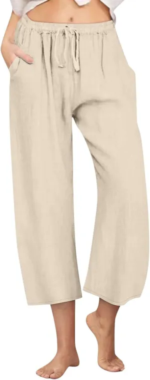 Cropped Linen Pants Women Casual Loose Fit Wide Leg Capris with Pockets Summer Comfy Elastic Waist Lounge Pants