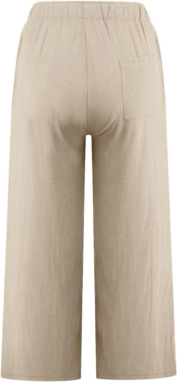 Cropped Linen Pants Women Casual Loose Fit Wide Leg Capris with Pockets Summer Comfy Elastic Waist Lounge Pants