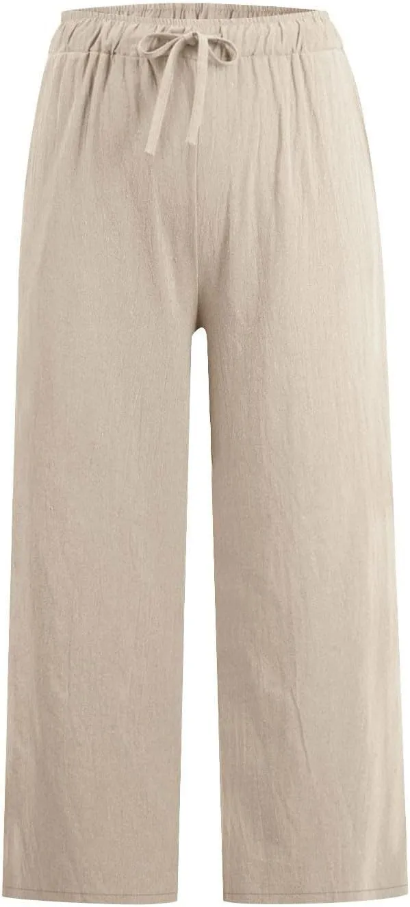 Cropped Linen Pants Women Casual Loose Fit Wide Leg Capris with Pockets Summer Comfy Elastic Waist Lounge Pants
