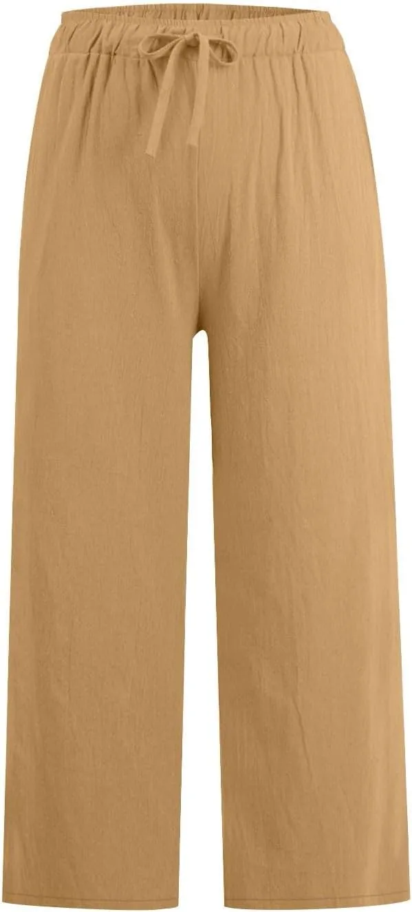 Cropped Wide Leg Linen Pants Women High Waisted Casual Lounge Pant 2025 Lightweight Loose Cotton Capris with Pockets