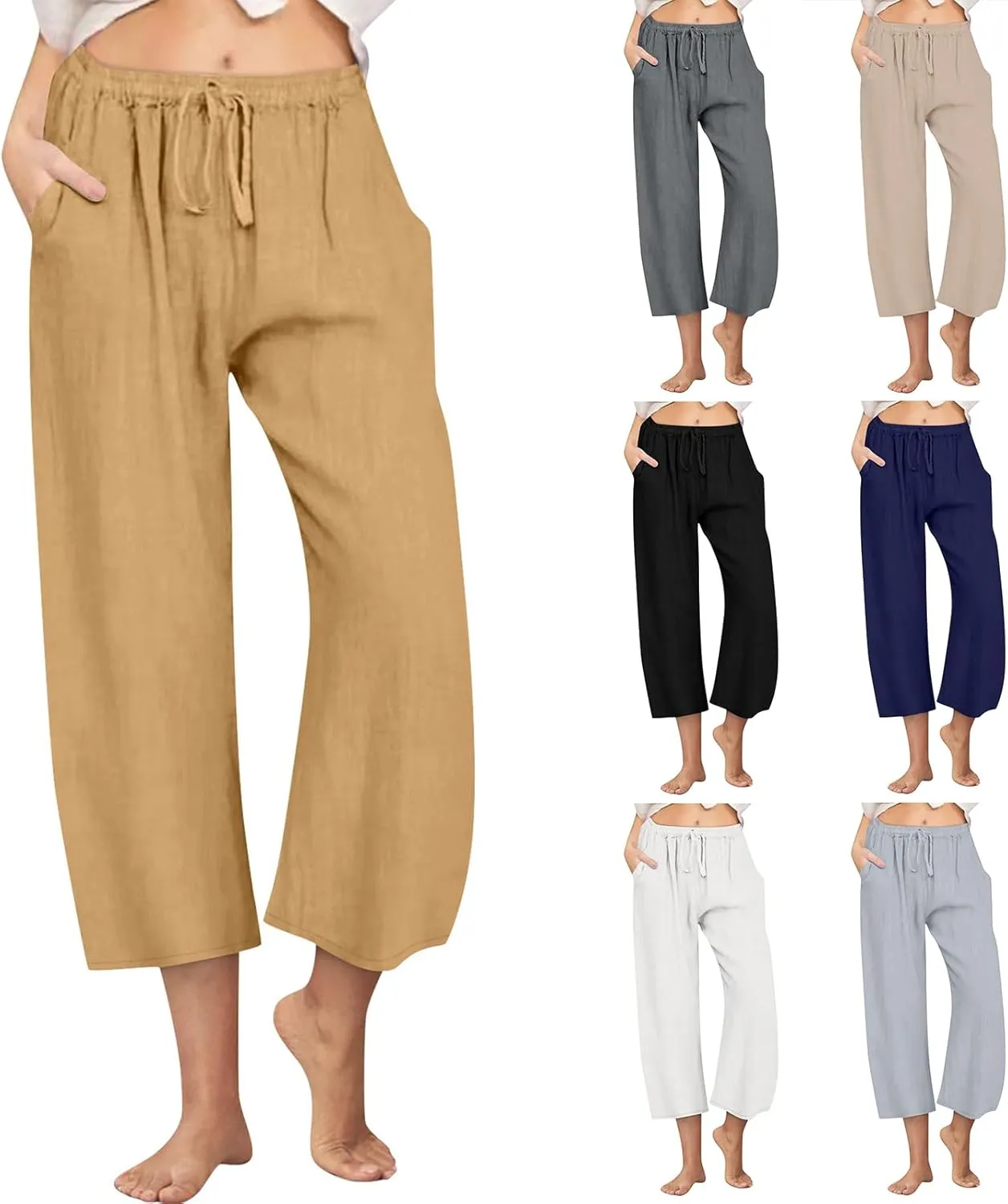 Cropped Wide Leg Linen Pants Women High Waisted Casual Lounge Pant 2025 Lightweight Loose Cotton Capris with Pockets