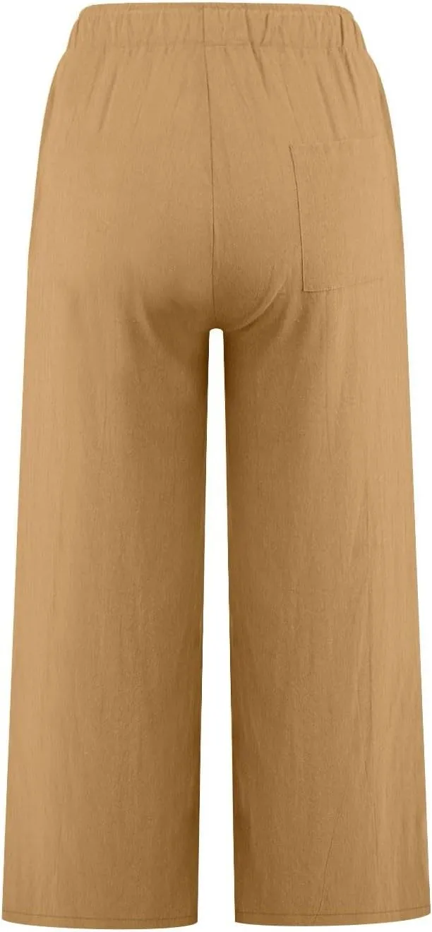 Cropped Wide Leg Linen Pants Women High Waisted Casual Lounge Pant 2025 Lightweight Loose Cotton Capris with Pockets