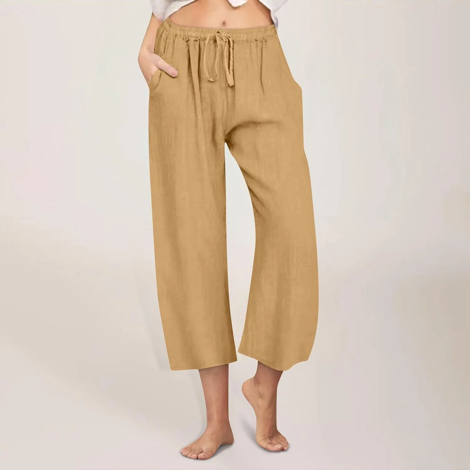 Cropped Wide Leg Linen Pants Women High Waisted Casual Lounge Pant 2025 Lightweight Loose Cotton Capris with Pockets