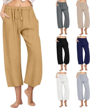 Cropped Wide Leg Linen Pants Women High Waisted Casual Lounge Pant 2025 Lightweight Loose Cotton Capris with Pockets
