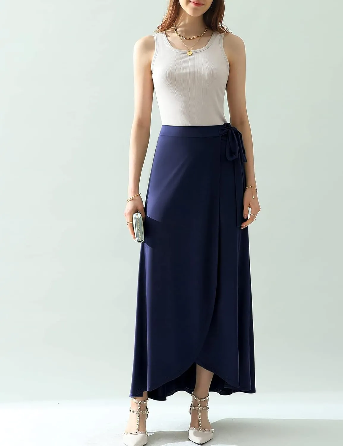 DOUBLJU Boho High Waisted Maxi Wrap Skirts with Slit High Waist Flare Ankle Length Long Basic Skirt for Womens with Plus Size