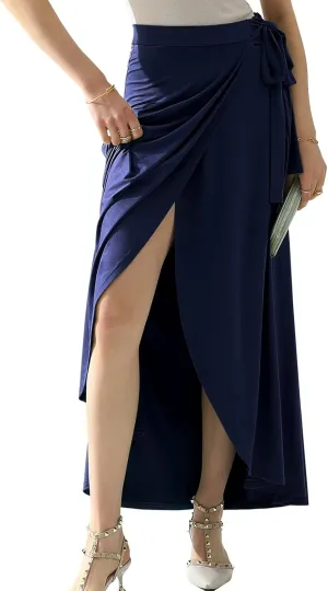DOUBLJU Boho High Waisted Maxi Wrap Skirts with Slit High Waist Flare Ankle Length Long Basic Skirt for Womens with Plus Size