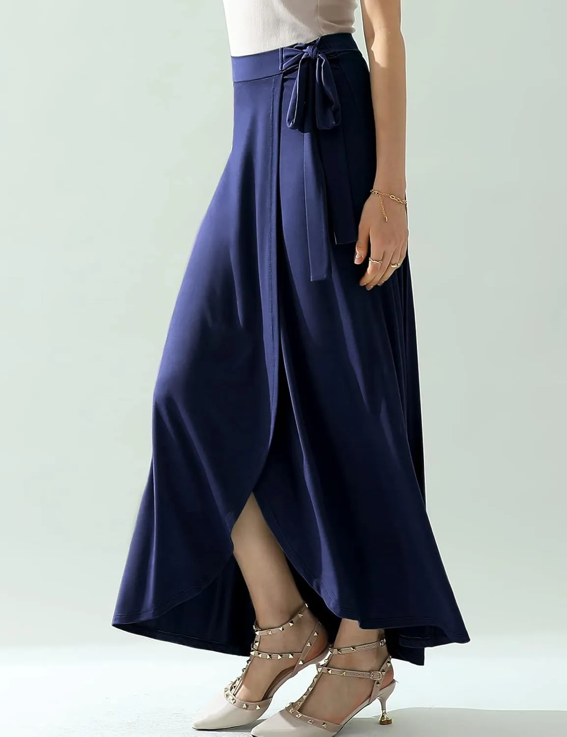 DOUBLJU Boho High Waisted Maxi Wrap Skirts with Slit High Waist Flare Ankle Length Long Basic Skirt for Womens with Plus Size