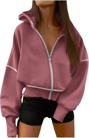 Drop Shoulder Zip Up Hoodies for Women Y2K Cropped Sweatshirt Jackets Winter Casual Loose Fit Fashion Fleece Outwear