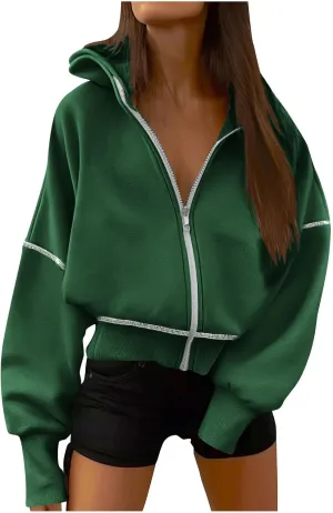 Drop Shoulder Zip Up Hoodies for Women Y2K Cropped Sweatshirt Jackets Winter Casual Loose Fit Fashion Fleece Outwear