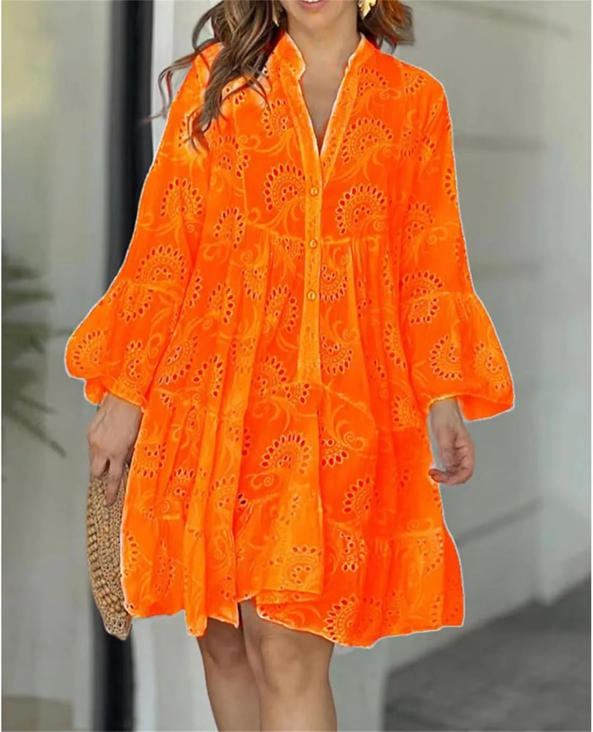 Eyelet Lace Dress for Women Button Down Hollow Out V Neck Sundress 2025 Summer Casual Long Sleeve Mini Dress