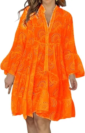Eyelet Lace Dress for Women Button Down Hollow Out V Neck Sundress 2025 Summer Casual Long Sleeve Mini Dress