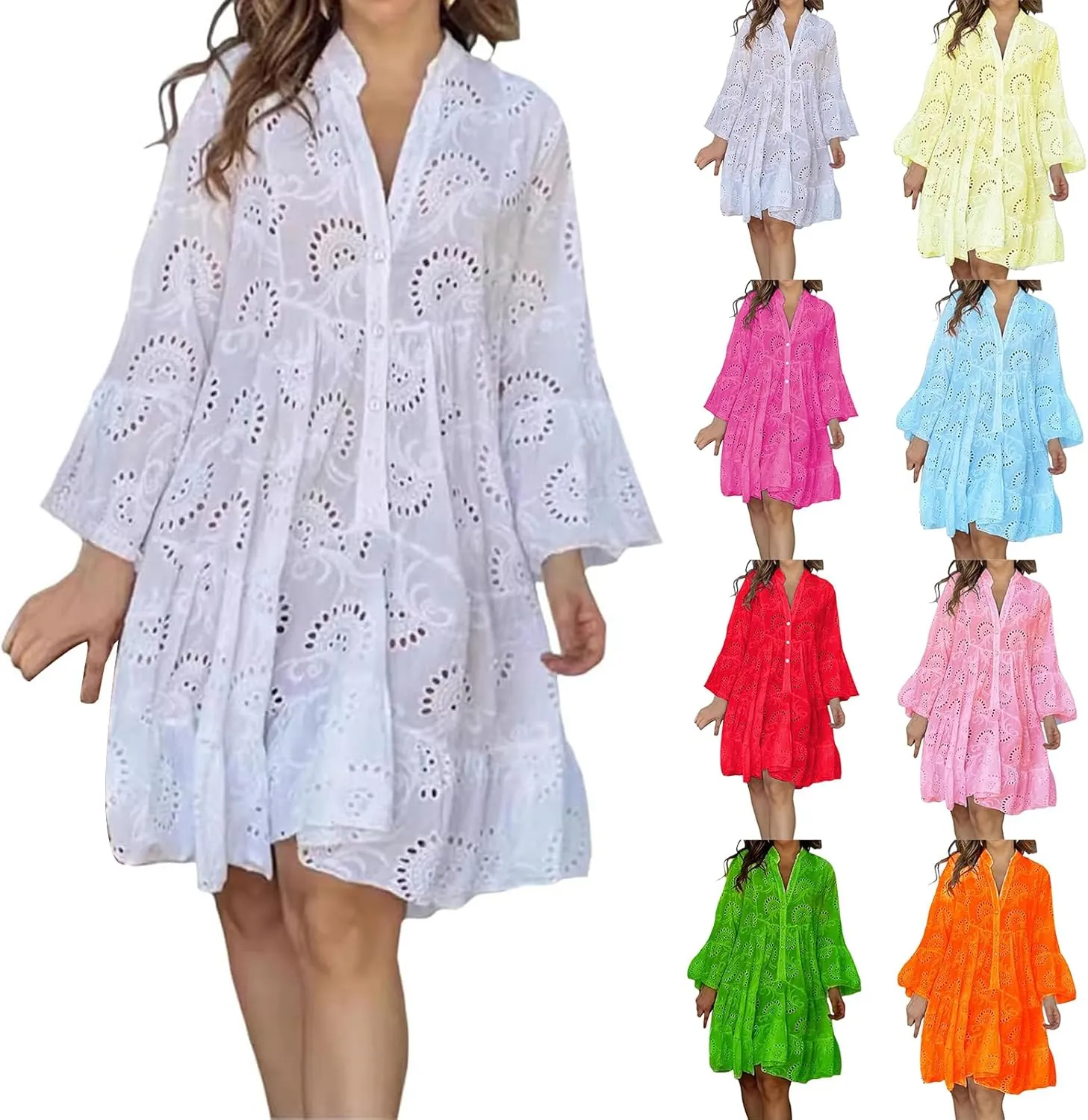 Eyelet Lace Dress for Women Button Down Hollow Out V Neck Sundress 2025 Summer Casual Long Sleeve Mini Dress