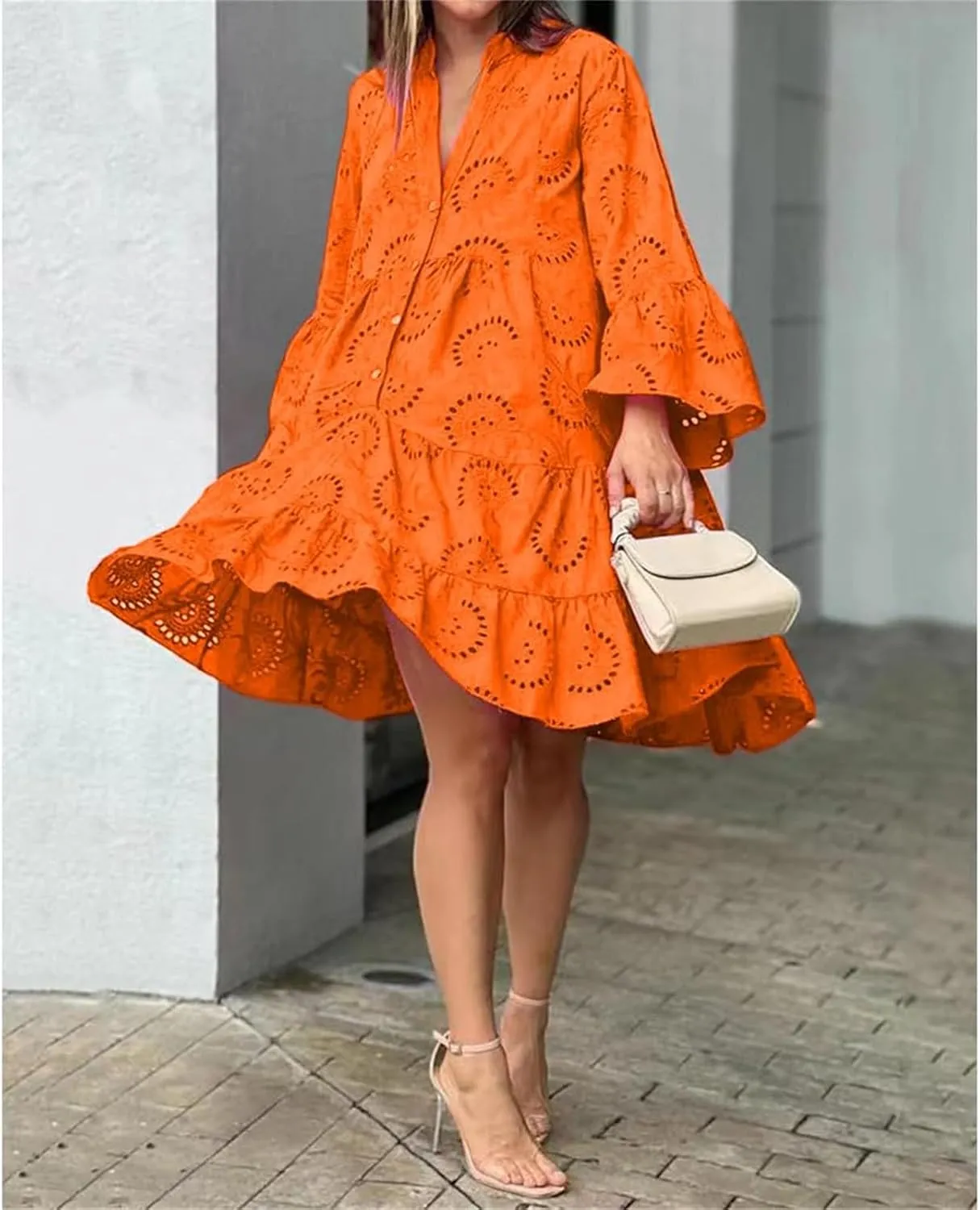 Eyelet Lace Dress for Women Button Down Hollow Out V Neck Sundress 2025 Summer Casual Long Sleeve Mini Dress