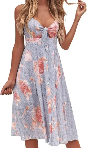 FANCYINN Womens Tie Front Button Down A-Line Dresses Summer Spaghetti Strap Midi Dress Floral Prints