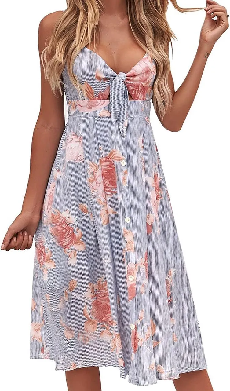 FANCYINN Womens Tie Front Button Down A-Line Dresses Summer Spaghetti Strap Midi Dress Floral Prints