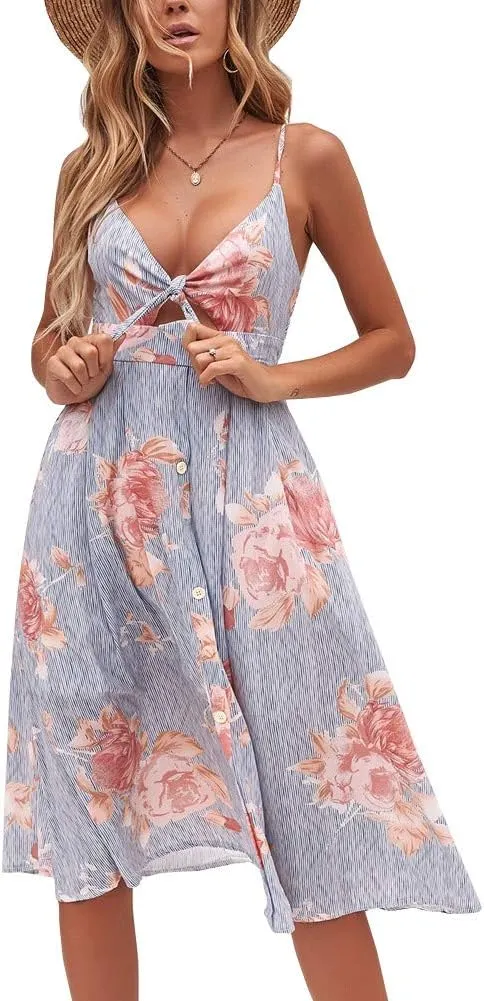 FANCYINN Womens Tie Front Button Down A-Line Dresses Summer Spaghetti Strap Midi Dress Floral Prints