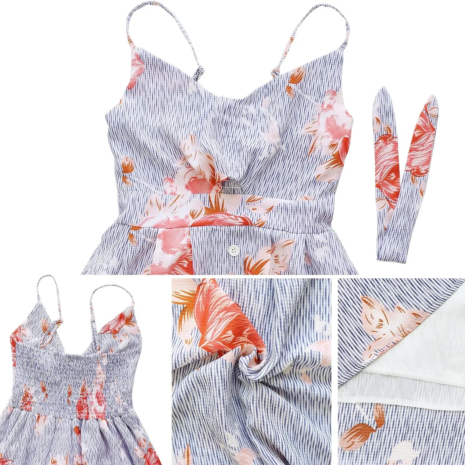 FANCYINN Womens Tie Front Button Down A-Line Dresses Summer Spaghetti Strap Midi Dress Floral Prints